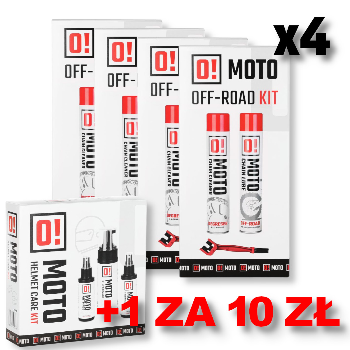 OMOTO sada 4+1 na čištění a mazání řetězu OFF ROAD O! CHAIN CARE AND PROTECTION 2+1 sada s kartáč + OMOTO sada pro péči o přilbu O! HELMET CARE AND PROTECT